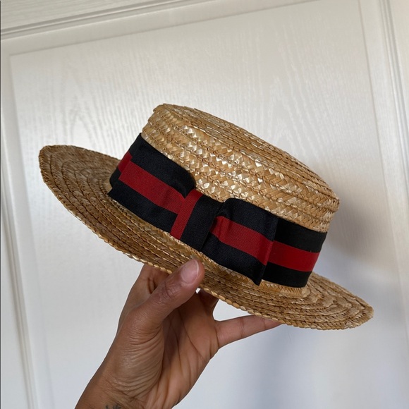 Vintage Straw Boater Hat | Black & Red Ribbon | Classic Skimmer Style - Picture 2 of 3